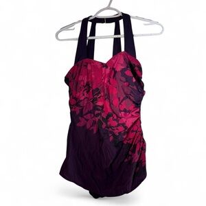 Lands' End Pink Floral Halter One-Piece Swimsuit on Deep Purple